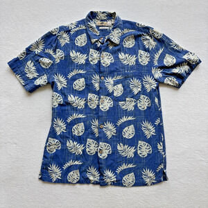 Joe Marlin Men Size Medium Hawaiian Shirt Blue Short Sleeve Tropical Leaves